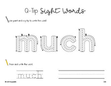 Free third grade worksheet, beginner sight word for 3rd graders and high frequency word 'much', sight word worksheet includes q-tip painting, sight word tracing and handwriting, second 100 fry sight words, Dolch, PDF