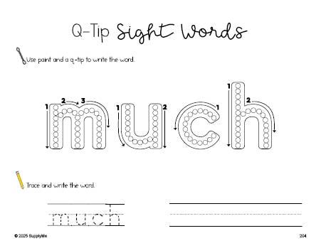 Free third grade worksheet, beginner sight word for 3rd graders and high frequency word 'much', sight word worksheet includes q-tip painting, sight word tracing and handwriting, second 100 fry sight words, Dolch, PDF