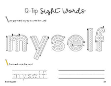 Free third grade worksheet, beginner sight word for 3rd graders and high frequency word 'myself', sight word worksheet includes q-tip painting, sight word tracing and handwriting, Dolch, PDF