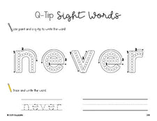 Free third grade worksheet, beginner sight word for 3rd graders and high frequency word 'never', sight word worksheet includes q-tip painting, sight word tracing and handwriting, third 100 fry sight words, Dolch, PDF