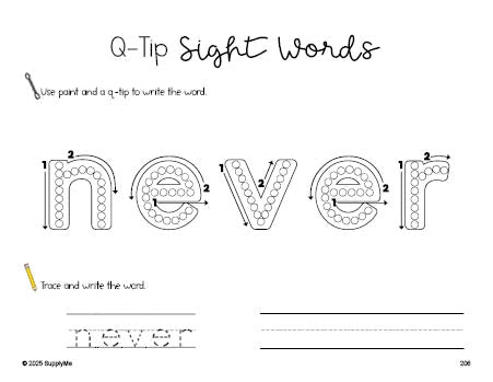 Free third grade worksheet, beginner sight word for 3rd graders and high frequency word 'never', sight word worksheet includes q-tip painting, sight word tracing and handwriting, third 100 fry sight words, Dolch, PDF