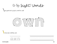 Free third grade worksheet, beginner sight word for 3rd graders and high frequency word 'own', sight word worksheet includes q-tip painting, sight word tracing and handwriting, third 100 fry sight words, Dolch, PDF