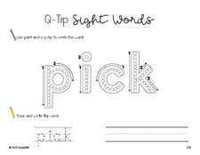 Free third grade worksheet, beginner sight word for 3rd graders and high frequency word 'pick', sight word worksheet includes q-tip painting, sight word tracing and handwriting, Dolch, PDF