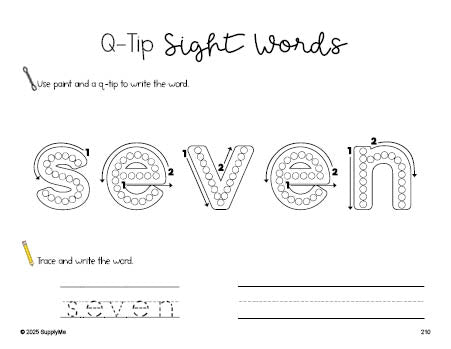 Free third grade worksheet, beginner sight word for 3rd graders and high frequency word 'seven', sight word worksheet includes q-tip painting, sight word tracing and handwriting, ninth 100 fry sight words, Dolch, PDF