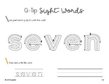 Free third grade worksheet, beginner sight word for 3rd graders and high frequency word 'seven', sight word worksheet includes q-tip painting, sight word tracing and handwriting, ninth 100 fry sight words, Dolch, PDF