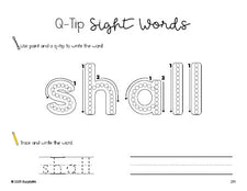 Free third grade worksheet, beginner sight word for 3rd graders and high frequency word 'shall', sight word worksheet includes q-tip painting, sight word tracing and handwriting, sixth 100 fry sight words, Dolch, PDF