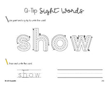 Free third grade worksheet, beginner sight word for 3rd graders and high frequency word 'show', sight word worksheet includes q-tip painting, sight word tracing and handwriting, second 100 fry sight words, Dolch, PDF