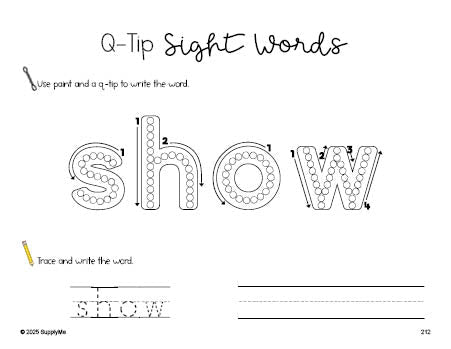 Free third grade worksheet, beginner sight word for 3rd graders and high frequency word 'show', sight word worksheet includes q-tip painting, sight word tracing and handwriting, second 100 fry sight words, Dolch, PDF