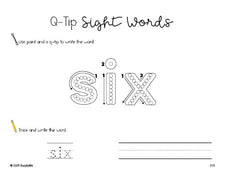 Free third grade worksheet, beginner sight word for 3rd graders and high frequency word 'six', sight word worksheet includes q-tip painting, sight word tracing and handwriting, fifth 100 fry sight words, Dolch, PDF