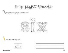 Free third grade worksheet, beginner sight word for 3rd graders and high frequency word 'six', sight word worksheet includes q-tip painting, sight word tracing and handwriting, fifth 100 fry sight words, Dolch, PDF