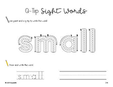 Free third grade worksheet, beginner sight word for 3rd graders and high frequency word 'small', sight word worksheet includes q-tip painting, sight word tracing and handwriting, second 100 fry sight words, Dolch, PDF