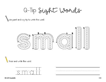Free third grade worksheet, beginner sight word for 3rd graders and high frequency word 'small', sight word worksheet includes q-tip painting, sight word tracing and handwriting, second 100 fry sight words, Dolch, PDF