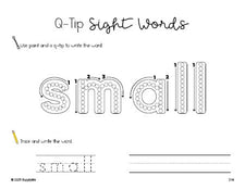 Free third grade worksheet, beginner sight word for 3rd graders and high frequency word 'small', sight word worksheet includes q-tip painting, sight word tracing and handwriting, second 100 fry sight words, Dolch, PDF