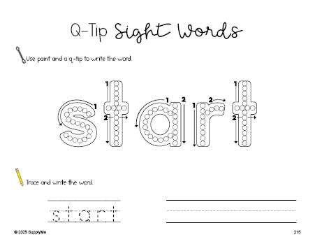 Free third grade worksheet, beginner sight word for 3rd graders and high frequency word 'start', sight word worksheet includes q-tip painting, sight word tracing and handwriting, third 100 fry sight words, Dolch, PDF
