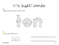 Free third grade worksheet, beginner sight word for 3rd graders and high frequency word 'ten', sight word worksheet includes q-tip painting, sight word tracing and handwriting, fifth 100 fry sight words, Dolch, PDF