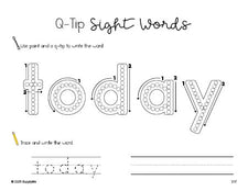 Free third grade worksheet, beginner sight word for 3rd graders and high frequency word 'today', sight word worksheet includes q-tip painting, sight word tracing and handwriting, fourth 100 fry sight words, Dolch, PDF