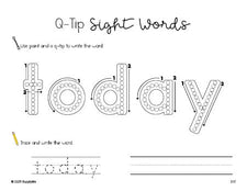 Free third grade worksheet, beginner sight word for 3rd graders and high frequency word 'today', sight word worksheet includes q-tip painting, sight word tracing and handwriting, fourth 100 fry sight words, Dolch, PDF