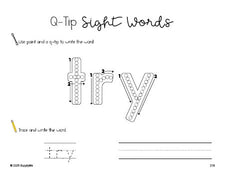 Free third grade worksheet, beginner sight word for 3rd graders and high frequency word 'try', sight word worksheet includes q-tip painting, sight word tracing and handwriting, second 100 fry sight words, Dolch, PDF