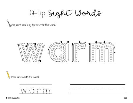 Free third grade worksheet, beginner sight word for 3rd graders and high frequency word 'warm', sight word worksheet includes q-tip painting, sight word tracing and handwriting, fifth 100 fry sight words, Dolch, PDF