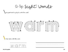 Free third grade worksheet, beginner sight word for 3rd graders and high frequency word 'warm', sight word worksheet includes q-tip painting, sight word tracing and handwriting, fifth 100 fry sight words, Dolch, PDF