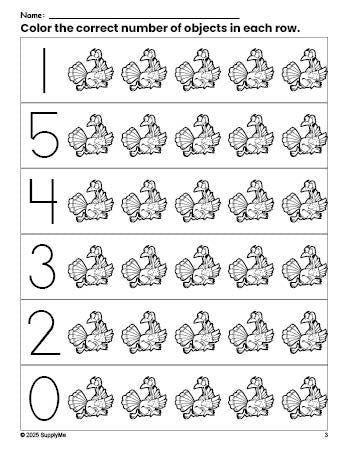 Free printable turkey Thanksgiving count and color worksheet for preschoolers, Thanksgiving coloring page and counting worksheet numbers 0-5, PDF