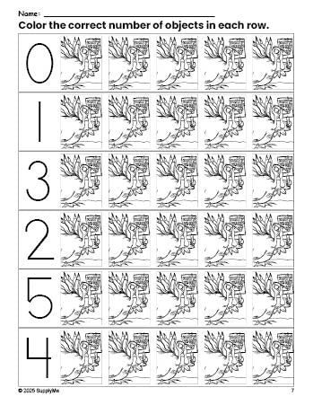 Free printable turkey Thanksgiving count and color worksheet for preschoolers, Thanksgiving coloring page and counting worksheet numbers 0-5, PDF