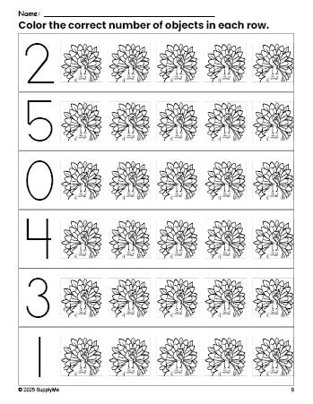 Free printable turkey Thanksgiving count and color worksheet for preschoolers, Thanksgiving coloring page and counting worksheet numbers 0-5, PDF