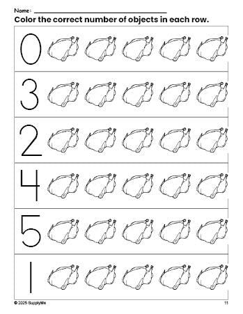 Free printable turkey Thanksgiving count and color worksheet for preschoolers, Thanksgiving coloring page and counting worksheet numbers 0-5, PDF