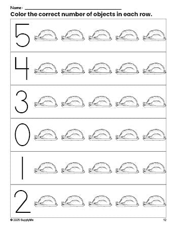 Free printable turkey Thanksgiving count and color worksheet for preschoolers, Thanksgiving coloring page and counting worksheet numbers 0-5, PDF