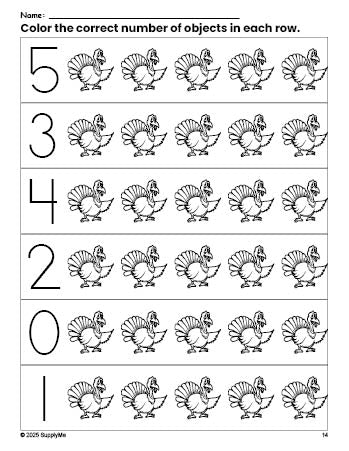 Free printable turkey Thanksgiving count and color worksheet for preschoolers, Thanksgiving coloring page and counting worksheet numbers 0-5, PDF