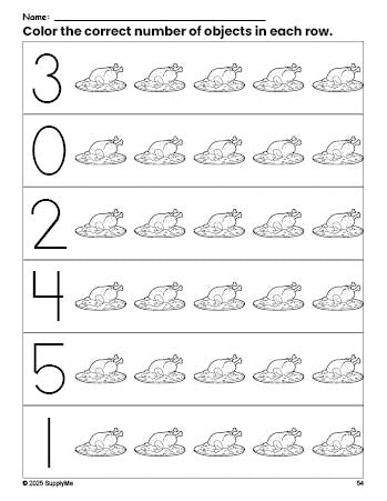 Free printable turkey Thanksgiving count and color worksheet for preschoolers, Thanksgiving coloring page and counting worksheet numbers 0-5, PDF