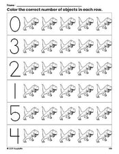 Free printable tyrannosaurus rex count and color worksheet for preschoolers, tyrannosaurus rex coloring page and counting worksheet numbers 0-5, PDF