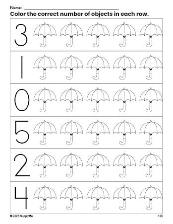 Free printable umbrella count and color worksheet for preschoolers, umbrella coloring page and counting worksheet numbers 0-5, PDF