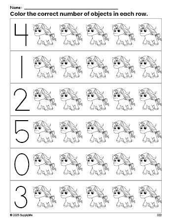 Free printable unicorn count and color worksheet for preschoolers, unicorn coloring page and counting worksheet numbers 0-5, PDF