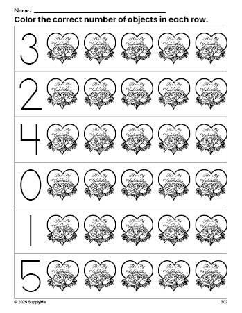 Free printable valentine Valentine's Day count and color worksheet for preschoolers, Valentine's Day coloring page and counting worksheet numbers 0-5, PDF
