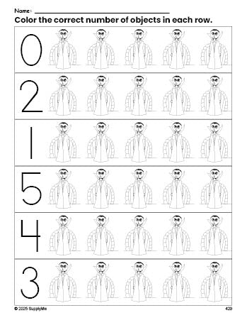 Free printable vampire Halloween count and color worksheet for preschoolers, Halloween coloring page and counting worksheet numbers 0-5, PDF