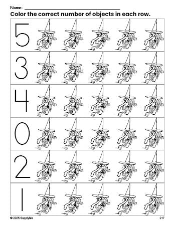 Free printable witch Halloween count and color worksheet for preschoolers, Halloween coloring page and counting worksheet numbers 0-5, PDF