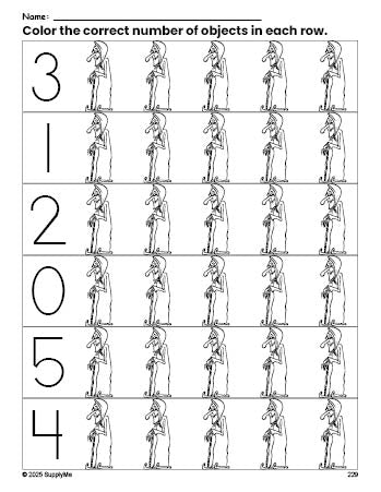 Free printable witch Halloween count and color worksheet for preschoolers, Halloween coloring page and counting worksheet numbers 0-5, PDF