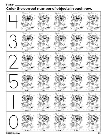 Free printable witch Halloween count and color worksheet for preschoolers, Halloween coloring page and counting worksheet numbers 0-5, PDF