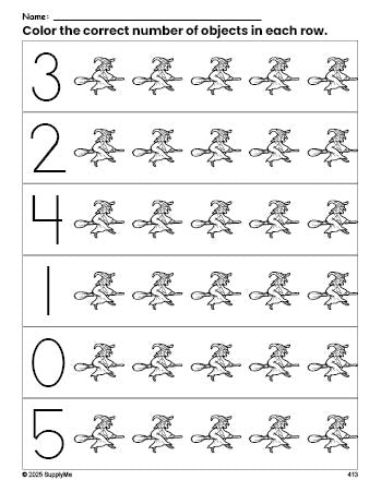 Free printable witch Halloween count and color worksheet for preschoolers, Halloween coloring page and counting worksheet numbers 0-5, PDF