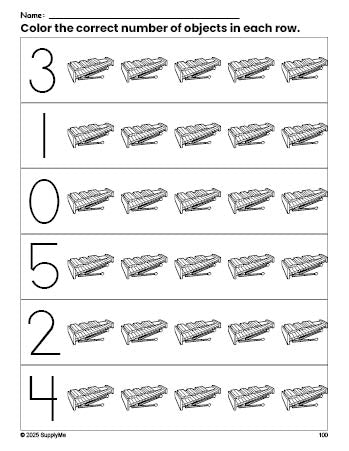Free printable xylophone count and color worksheet for preschoolers, xylophone coloring page and counting worksheet numbers 0-5, PDF