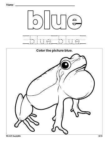 Free frog color blue coloring page and color worksheet, blue worksheet for preschoolers to learn colors, printable PDF