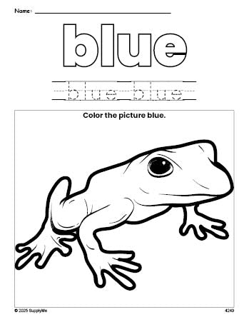Free frog color blue coloring page and color worksheet, blue worksheet for preschoolers to learn colors, printable PDF