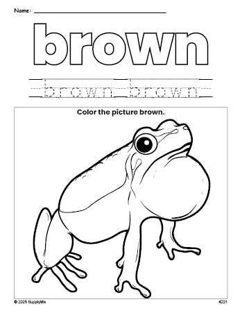 Free frog color brown coloring page and color worksheet, brown worksheet for preschoolers to learn colors, printable PDF