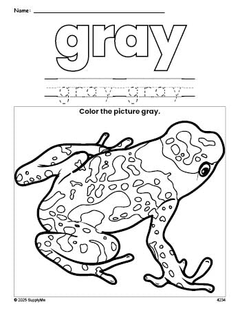 Free frog color gray coloring page and color worksheet, gray worksheet for preschoolers to learn colors, printable PDF