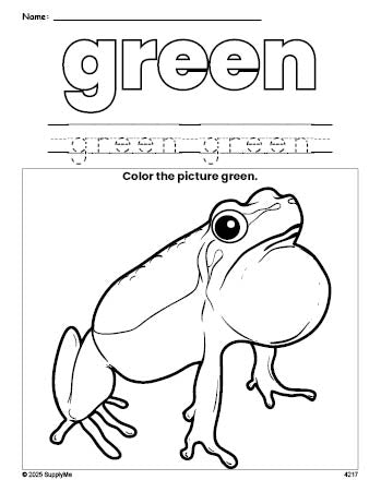 Free frog color green coloring page and color worksheet, green worksheet for preschoolers to learn colors, printable PDF