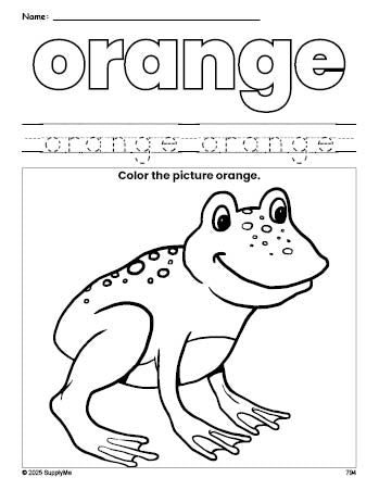 Free frog color orange coloring page and color worksheet, orange worksheet for preschoolers to learn colors, printable PDF
