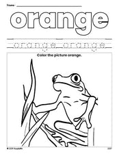 Free frog color orange coloring page and color worksheet, orange worksheet for preschoolers to learn colors, printable PDF