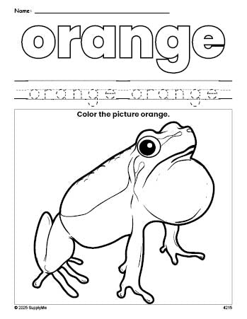 Free frog color orange coloring page and color worksheet, orange worksheet for preschoolers to learn colors, printable PDF