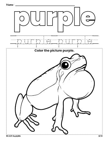 Free frog color purple coloring page and color worksheet, purple worksheet for preschoolers to learn colors, printable PDF